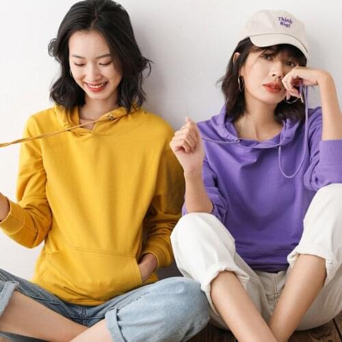 2021 Women Hoodies Pullovers Solid Color Autumn Spring Thin Cotton Long Sleeve Pockets Casual Women Blouse