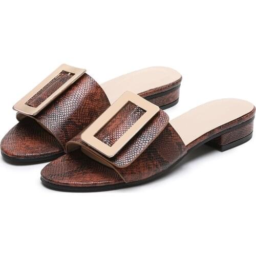 Women Buckles Flat shoes ladies slippers Snake printed Peep Toe Slippers Hoof Heels Elegant Shoes Slippers
