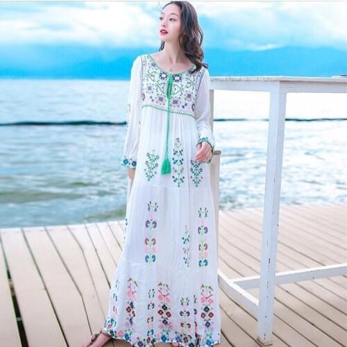 2020 Spring Summer Maxi Beach Dresses One Size for Holiday Vestidos New Fashion Women Flower embroidery Long Dress