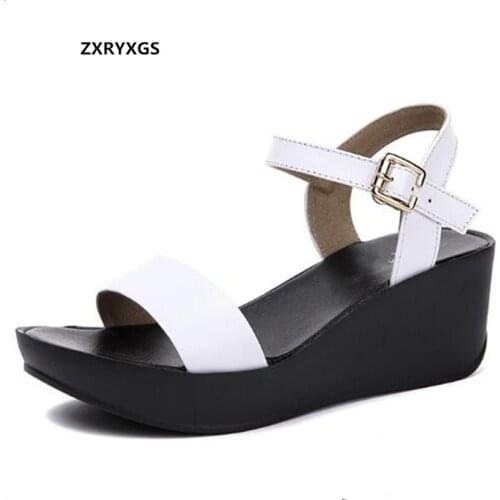 ZXRYXGS 2021 New Famous Summer Genuine Leather Sandals Platform High Heel Wedges Sandals Open Toe Women Sandal Shoes Size 34-43
