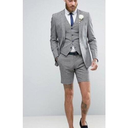 2020 Light Grey Shorts 3pieces Summer Elegant Mens Suit Jacket Pants Vest Casual Weddings Groom Tuxedo Beach