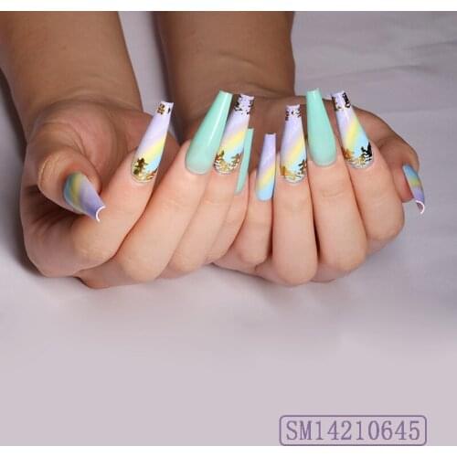 24pcs Colorful Gradient Nail Patch Glue Type Removable Long Paragraph Fashion Manicure Save Time False Nail Patch Fake Nails
