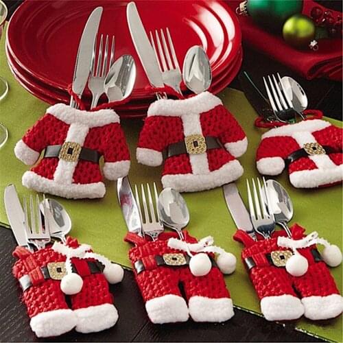 6 Pieces Christmas Santa Decoration Costume Cutlery Tableware Holder Fork Spoon Knife Bag Cover Silverware Pockets Xmas Ornament