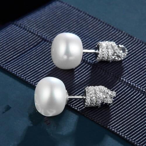 AAA+ Quality Fashion Pearl Stud Earrings Exquisite Micro Mosaic Top CZ Zircon Rope Knot Double Side Silver Earrings For Women