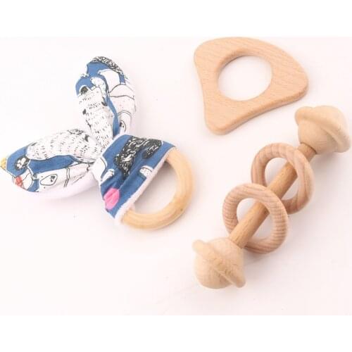 3PC/Set Beech Wooden Teether Rattle Rabbit With Ring Can Chew Food Grade Materials Gifts For Children Toys Baby Teether Toys