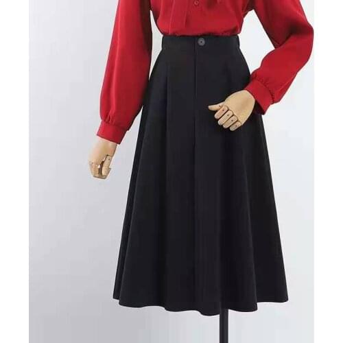 Fairyshely Vintage High Waist Black Skirt Women 2021 Autumn Midi Skirt Korean Plus Size Pocket Cotton A-line Skirt