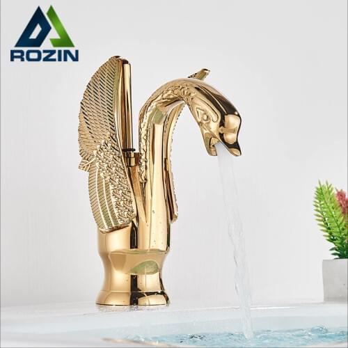 Golden Basin Faucet Brass Deck Mount Bathroom Faucets Swan Shape Single handle Lavatory Sink Hot Cold Water Mixer Taps