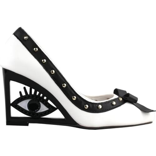 LF10802 SHOW STORY Vintage White Black Two Tone Square-Toe Wedge Eye Shape High Heels Pumps