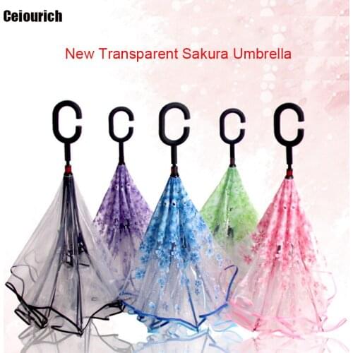 Fashion Popular Long Handle Transparent Sakura Umbrella Car Inverted Umbrella Reverse For Women Men Umbrellas