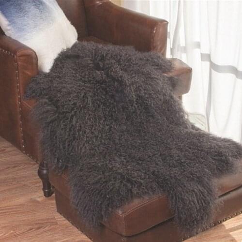 1P 90*50cm free cut shaped genuine curly Tibet sheepskin rug , sheep skin fur cushion in dark gray color , decoration fur mat