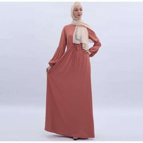 Solid Color Lantern Sleeve Elastic Cuff Dress Muslim Dress For Women Female Student Abaya Middle East Islamic Clothing Gift XL