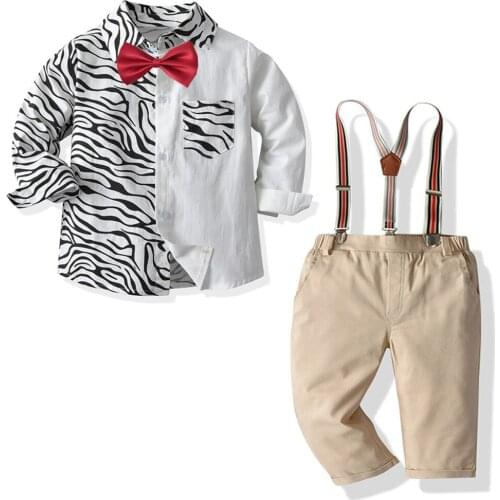 Boys Autumn Suit Zebra T-shirt Bow Tie Beige Strap Pants 4-piece Set Childrens Kids Clothes Boys Gentleman Suit
