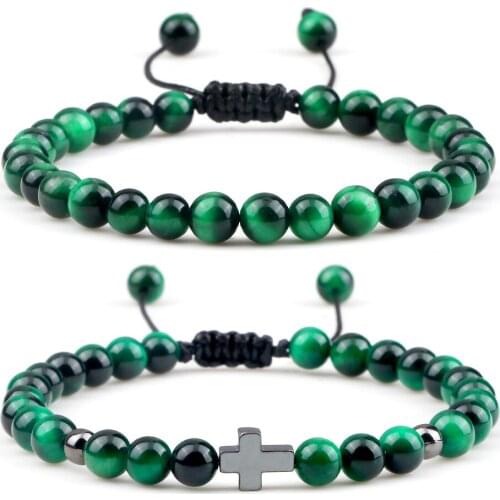Luxury 6 MM Green Tiger Eye Prayer Braided Bracelet Hematite Cross Pendant Beads Bangles Jewelry Couple Rope Adjustable Bracelet