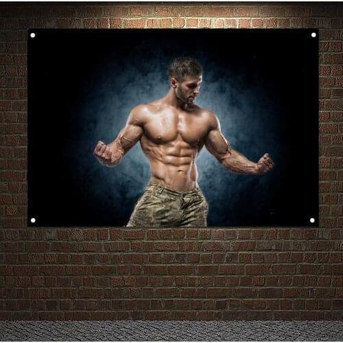Exercise Poster Wall Art Tapestry Muscular Young Man Shows Movements and Body Parts Workout Banner Flag Tapestry Mural Gym Decor