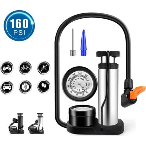 Portable MTB Bike Pedal-Operated Pump with Barometer Valve Shock Absorber 160psi Mini Mountain Bicycle Tire Inflator Cycling