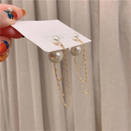 Fashion Retro Double Sided Simulated Pearl Long Chain Tassel Earrings for Women Ear Cuff Wrap Earring In Jewelry Gifts