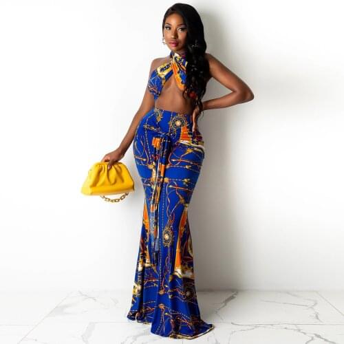 2021 Best Quality Famous Brand 2 pcs Women Set Print O-neck Strapless Short Tops Maxi Dress Summer Sexy Club Outfits