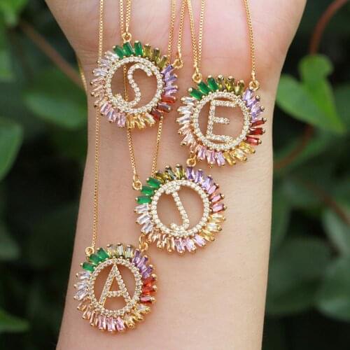 Charm Rainbow Baguetee Bar Necklace CZ cubic zirconia 26 Initials A To Z Letter Pendant Necklaces Women Fashion Festival Gift