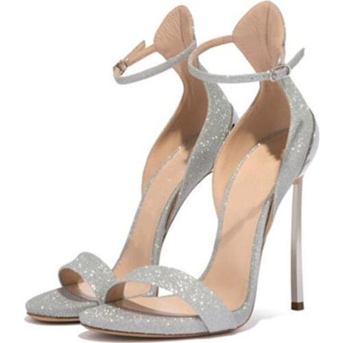 2020 Summer Hot Lady Simple Solid Color Buckle High Heels Sexy Sequin Shining Shoes Elegant Woman Wedding Party Sandals 33-43