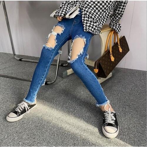 2021 new wholesale girls denim holes pants fashion spring girls jean pants 6-12t A553