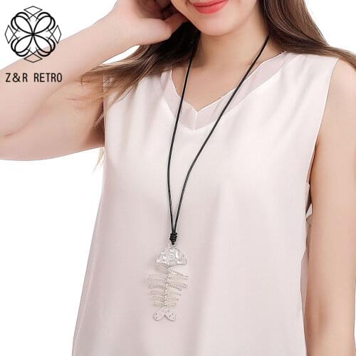 2021 Fashion Long Rope Chains Necklace with Silver Color Fish Suspension Pendant Vinatge Costume Jewelry for Women Accessories