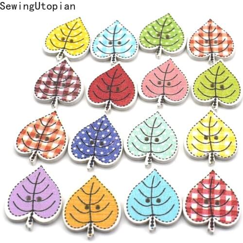 50PCS 26mm Colorful Tree Leaf Wooden Buttons Scrapbooking Random Color Two Holes Buttons for DIY Child Clothes Accessories