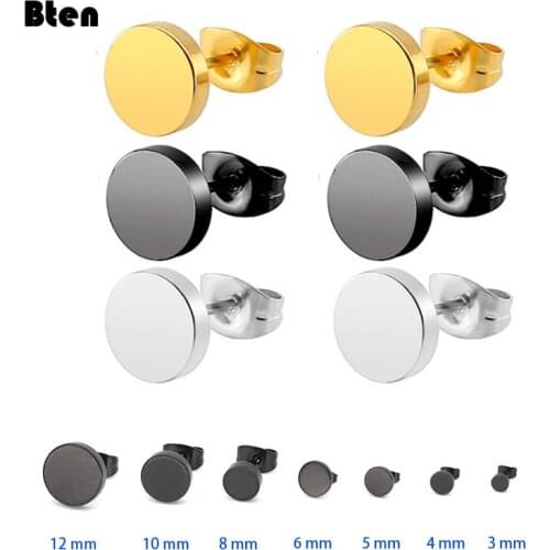BTEN Stainless Steel Ear Studs Earrings Black Silver Color Round Shaped Clasp Push Back Earrings for Women Men Jewelry Cool Gift