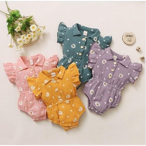 Toddlers Casual Daisy Printing Romper, Infants Flying Sleeve Button Bodysuit, Babies High Waist Clothing