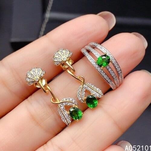 KJJEAXCMY Fine Jewelry 925 sterling silver inlaid natural Diopside girl popular earring ring set support test Chinese style