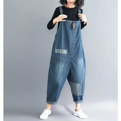 Helisopus womens plus size loose overalls denim patch wide-leg casual jeans womens overalls womens jumpsuit jeans