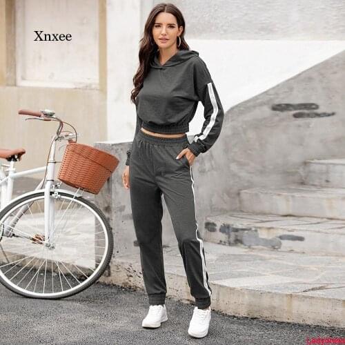 New Sportswear 2Pcs Set Women Long Sleeve Patchwork Short Hoodies Elastic Waist Long Pant Tracksuit Casual Loose Outfits Clothes