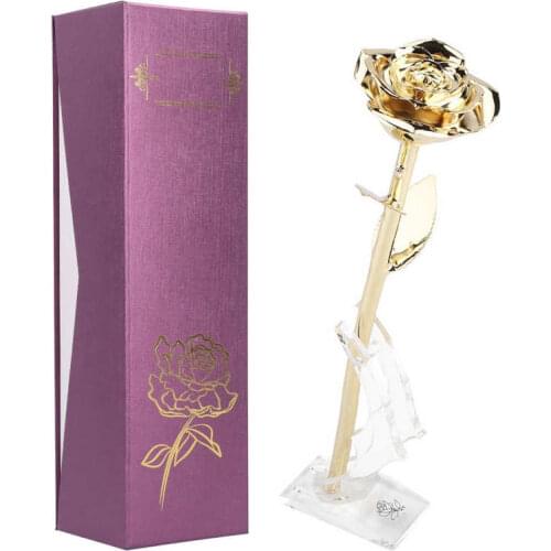 Miniatures 24K Gold-Plated Real Rose Valentines Day Golden Rose with Base Gift Decoration for Girlfriend miniature