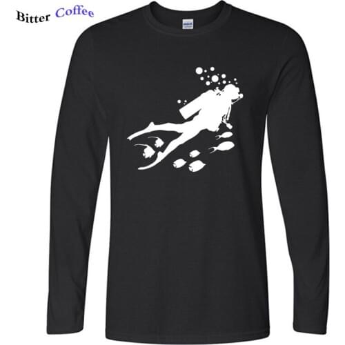 Autumn winter NEW Men T shirt One Diving Man And Fish Long Sleeve T-shirt mens O neck Brand Cotton tshirt Plus size XS- XXL