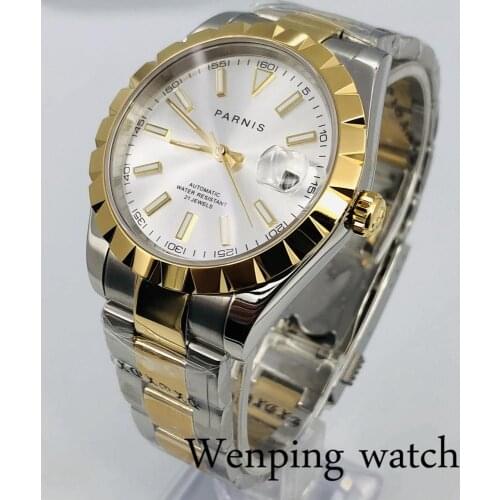 Parnis 2020 new mens top watch golden case sapphire crystal silver dial date window 21 jewels Miyota movement automatic watch