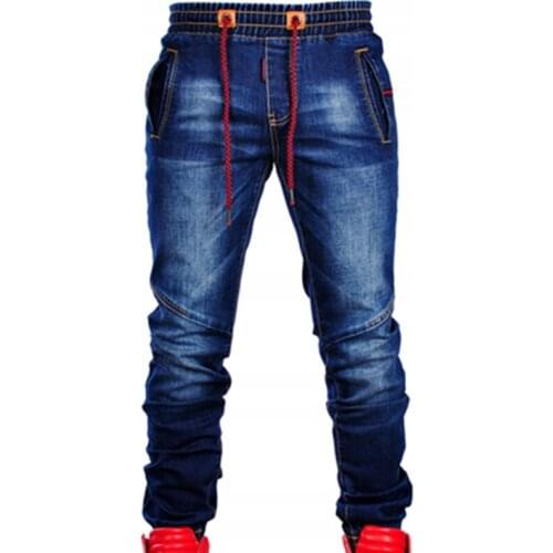 Mens New Large-Size Jeans Elasticize Waist Tie Slim Casual Classic Blue Waist Stretch Joinable Fashion Simple Jeans Pants