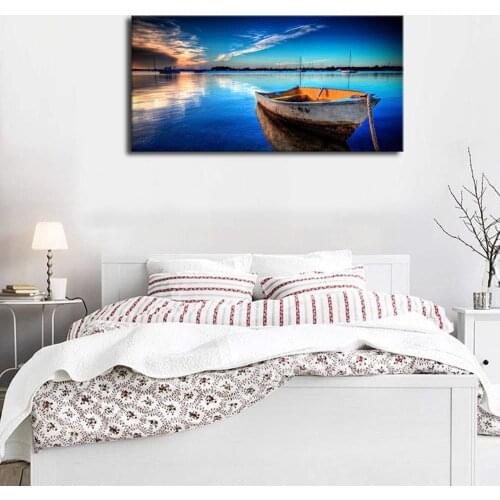 Canvas Wall Art Boat Blue Lake Water Sunset Panoramic Painting - Long Nature Canvas Artwork , Ready to Hang Drop shipping