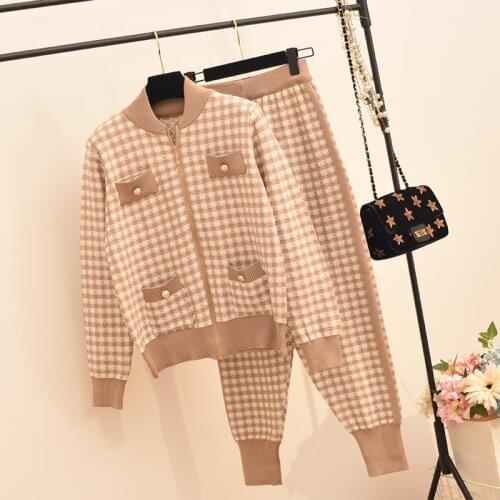 2021 Newest Vintage Hit Color Plaid Sweatersuit Women Elgland Style Houndstooth Knitted Zip Cardigan Coat And Pants 2 Piece Sets