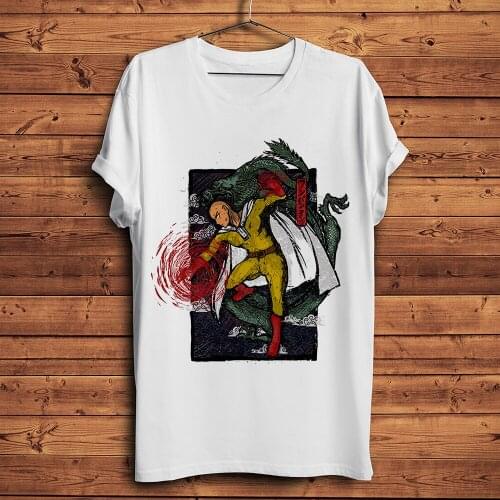 One punch man Saitama with dragon funny t-shirt homme short sleeve t shirt men white casual manga tshirt unisex streetwear