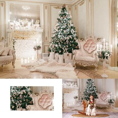Christmas Backdrop Photography White House Marble floor Backdrops Wreath Christmas tree Chair Background Photobooth