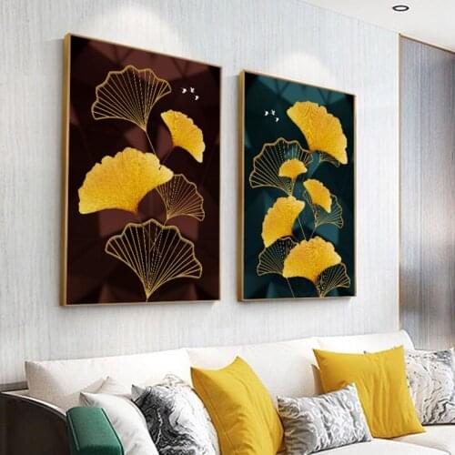 Modern Black Golden Poster Luxury Wall Art Picture Abstract Ginkgo Biloba Canvas Painting for Living Room Fashion Print Tableaux