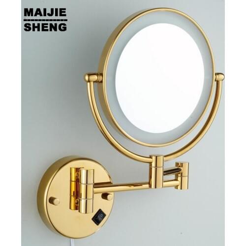 LED gold brass cosmetic mirror wall mounted bathroom beauty mirror double faced makeup mirror antique folding mirror