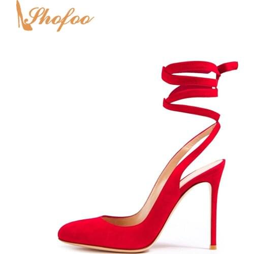 Red Flock Stiletto High Heels Women Pumps Round Toe Ankle Lace Up Large Size 15 16 Ladies Fashion Slingback Party Shoes Shofoo