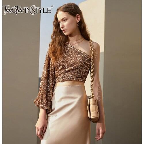 TWOTWINSTYLE Patchwork Sequins Shirts For Women Skew Collar Lantern Long Sleeve One Shoulder Off Short Blouses Female 2021 Style