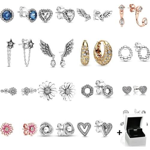 NEW 100% 925 Sterling Silver Heart-shaped Sparkling Angel Wing Stud Earrings Fit Women Original Fashion Jewelry with Gift Box