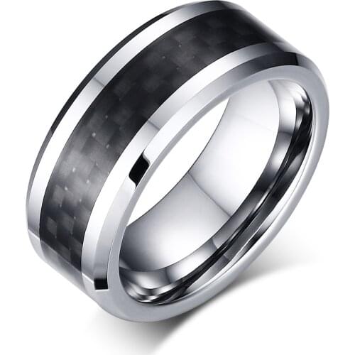 POYA Tungsten Ring 8mm Beveled Edges Wedding Band Black Carbon Fiber Inlay Comfort Fit