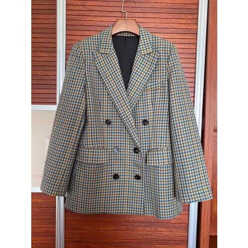 High-quality 2021 new women fashion long-sleeved lapel double-breasted wool plaid suit 0326