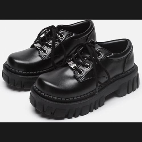 Women Oxfords 2021 Spring Autumn Casual Platform Shoes Black Lace Up Leather Shoe Sewing Fashion Round Toe Chunky Sole Flats