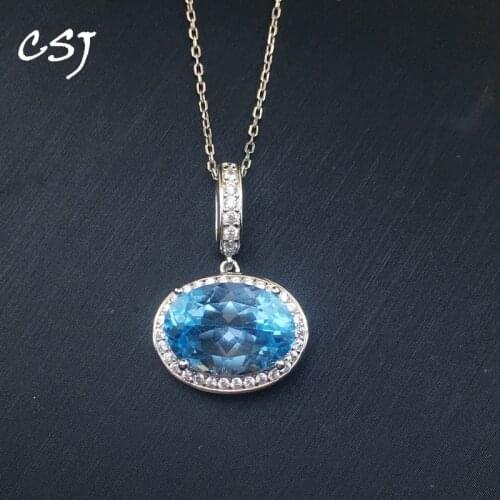 CSJ Natural Sky Blue Topaz Gemstone Pendant in 925 Sterling Silver Necklace Fine jewelry for Women wedding gift box free express
