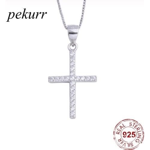 Pekurr 925 Sterling Silver Classic Zircon Big Cross Female Pendants Long Chain Necklaces For Women Christ Fashion Jewelry