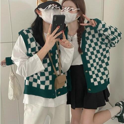 Hip Hop Green Plaid Sweater Vest Women Autumn New Loose Black Knitted Cardigans Vintage Outwear Girlfriends Suit